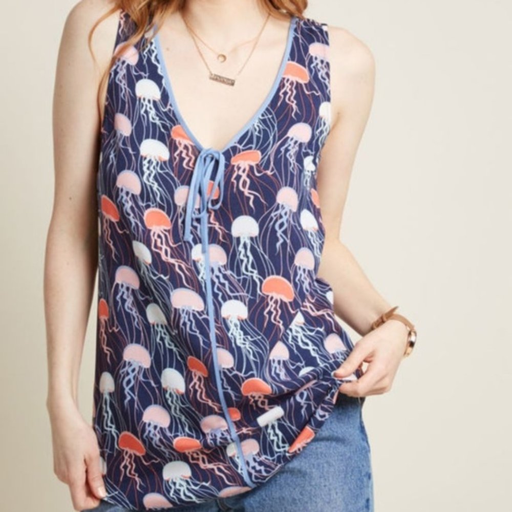 Sleeveless Navy Jellyfish Tie-Front V-Neck Tank
